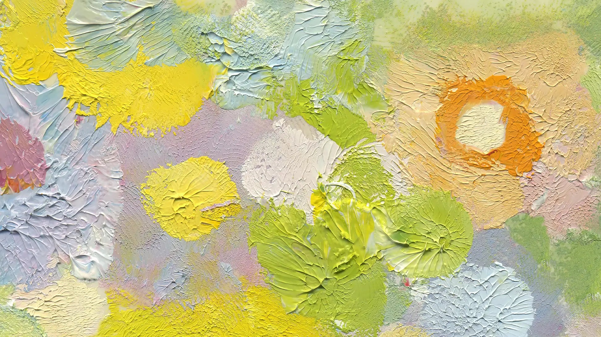 Soft, textured abstract painting in pastel spring colors, featuring thick brushstrokes and circular dabs of yellow, green, peach, lavender, and pale blue across the canvas.
