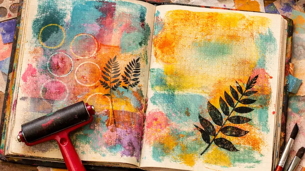 Open art journal filled with colorful gel plate monoprints—circles and black fern silhouettes—surrounded by paint jars, brayer, brushes, stamps, and collage papers on a messy wooden table.