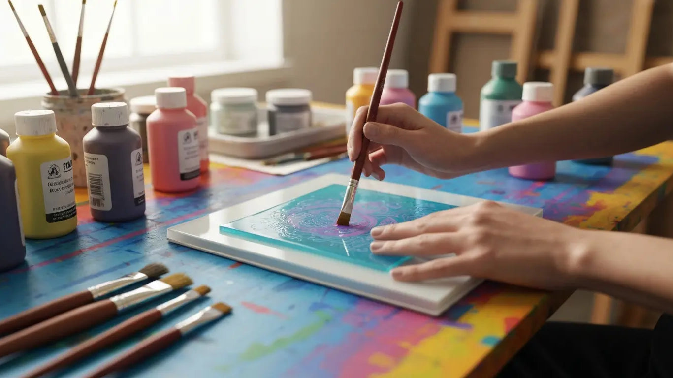 A person painting a design onto a turquoise gel printing plate with a paintbrush on a colorful art table, surrounded by bottles of acrylic paint and brushes.