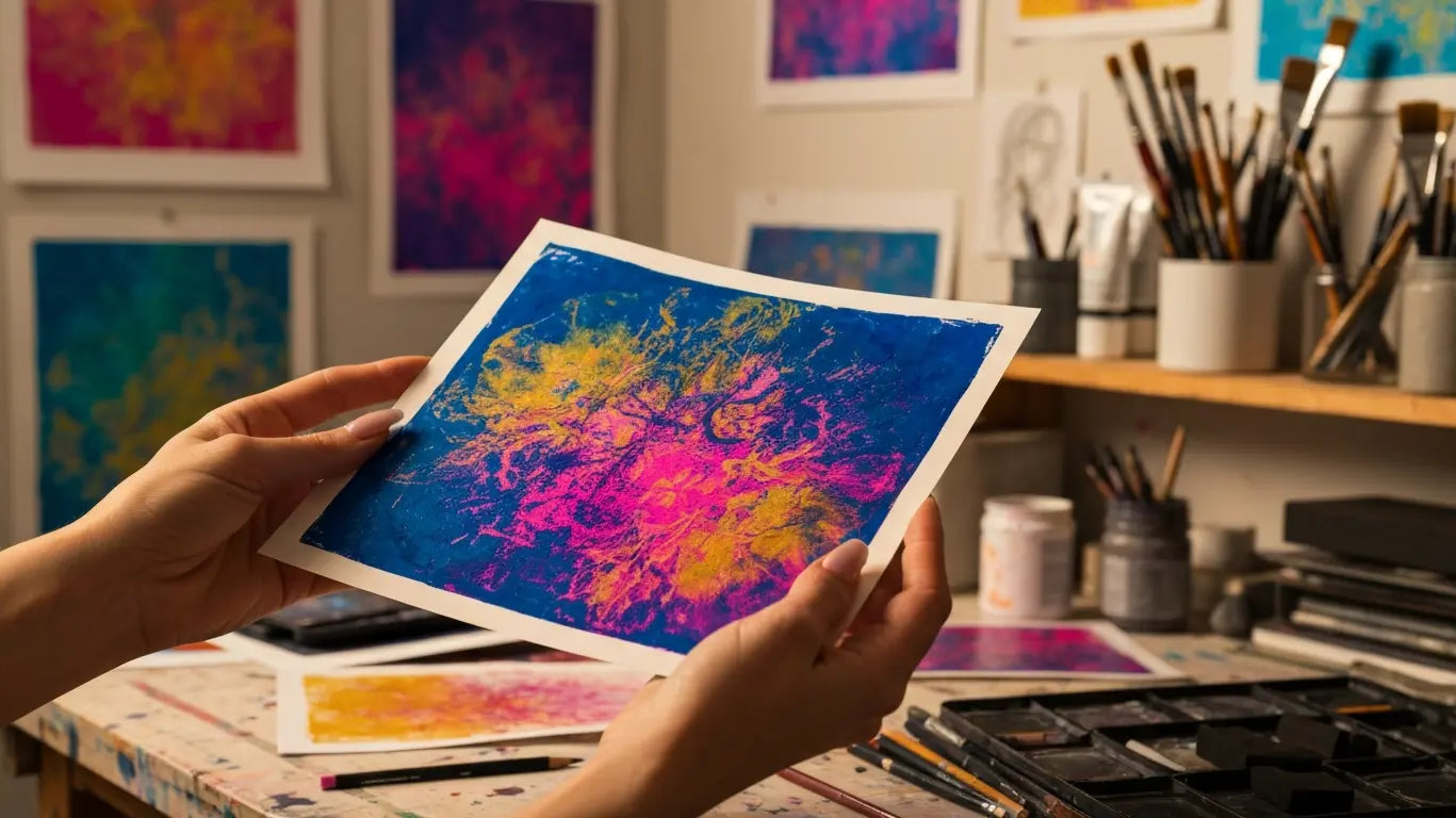 Hands holding a colorful gel plate monoprint with bright blue, pink, and yellow abstract textures in an art studio, with paintbrushes, inks, and additional prints displayed in the background.