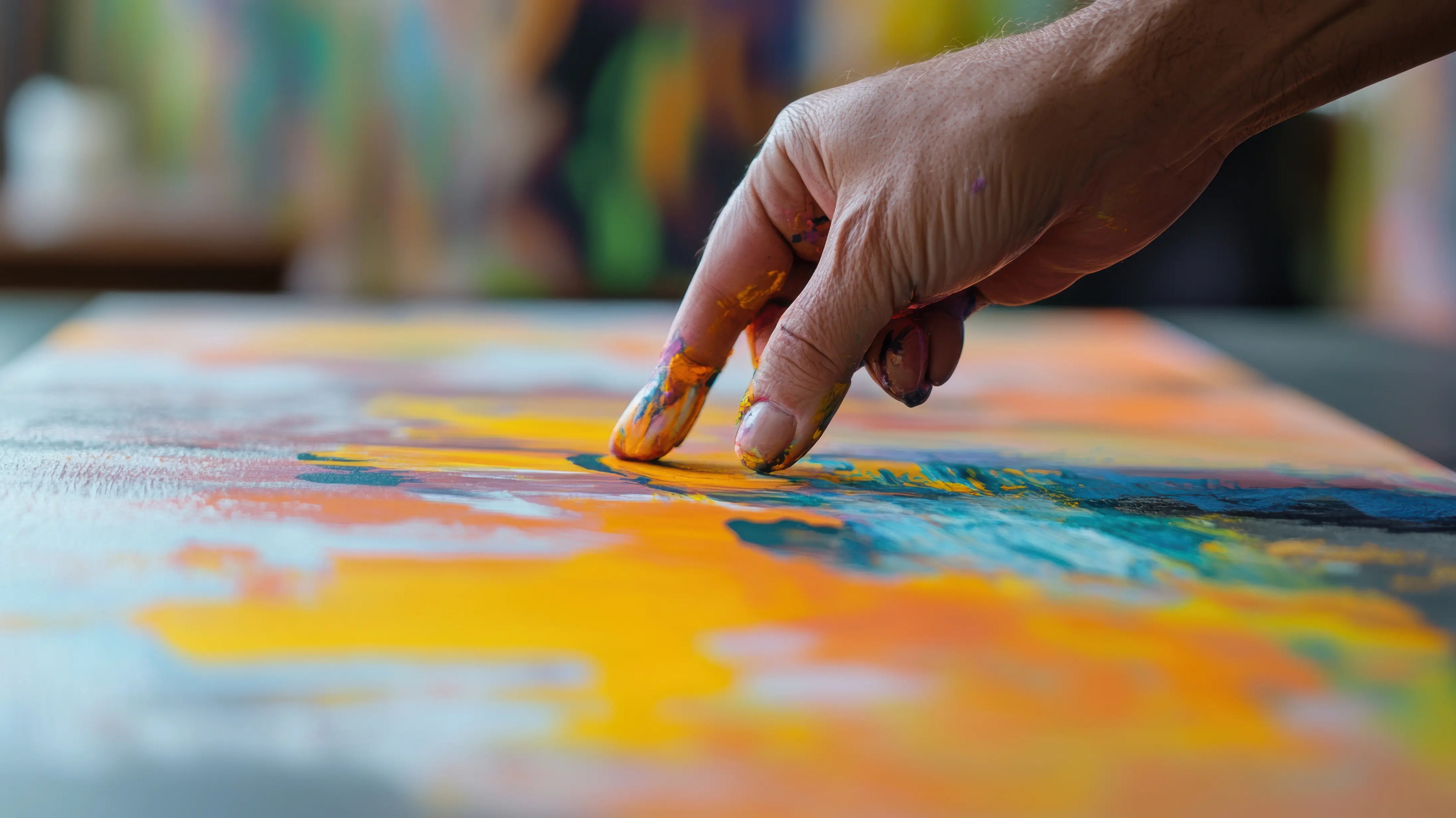 A close-up of a person’s hand using their fingertips to spread bright yellow, orange, and teal paint across a canvas, creating an abstract artwork with soft, blended colors.