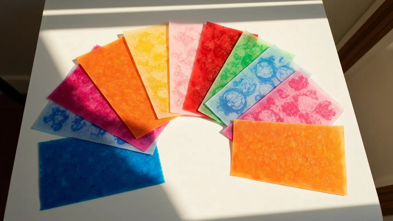 Colorful jelly printing papers arranged in a fan shape on a white surface, featuring bright blues, pinks, oranges, greens, and yellows with textured and patterned designs.