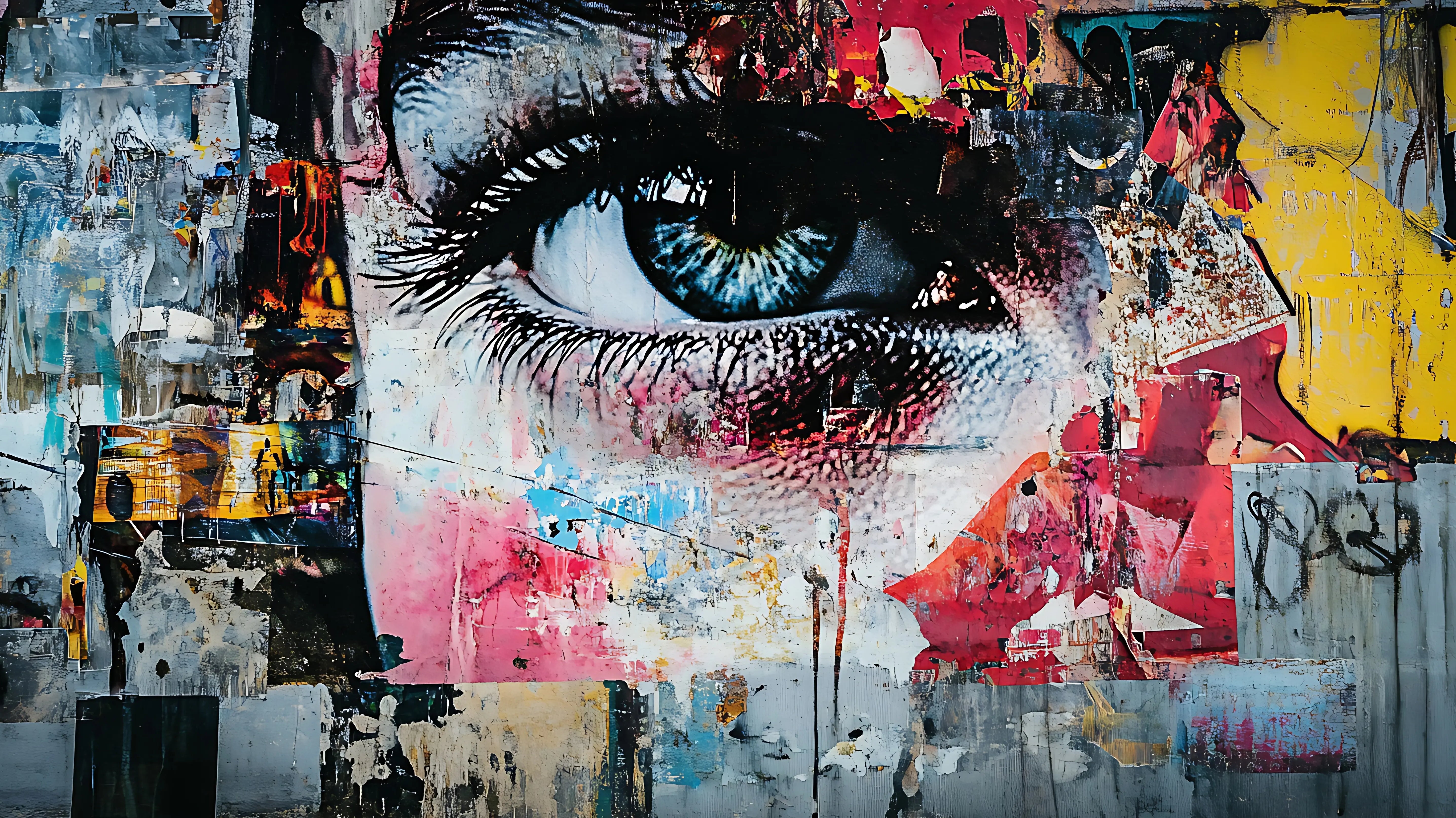 Close-up of a blue human eye integrated into a vibrant mixed media collage artwork with layered paint, torn paper textures, and abstract colors in pink, yellow, blue, and gray, representing creative expression and modern street art style.