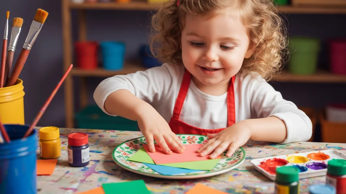 Smiling young child wearing a red art apron creating a craft project at a colorful table, pressing bright paper shapes onto a plate surrounded by paint, brushes, and art supplies.