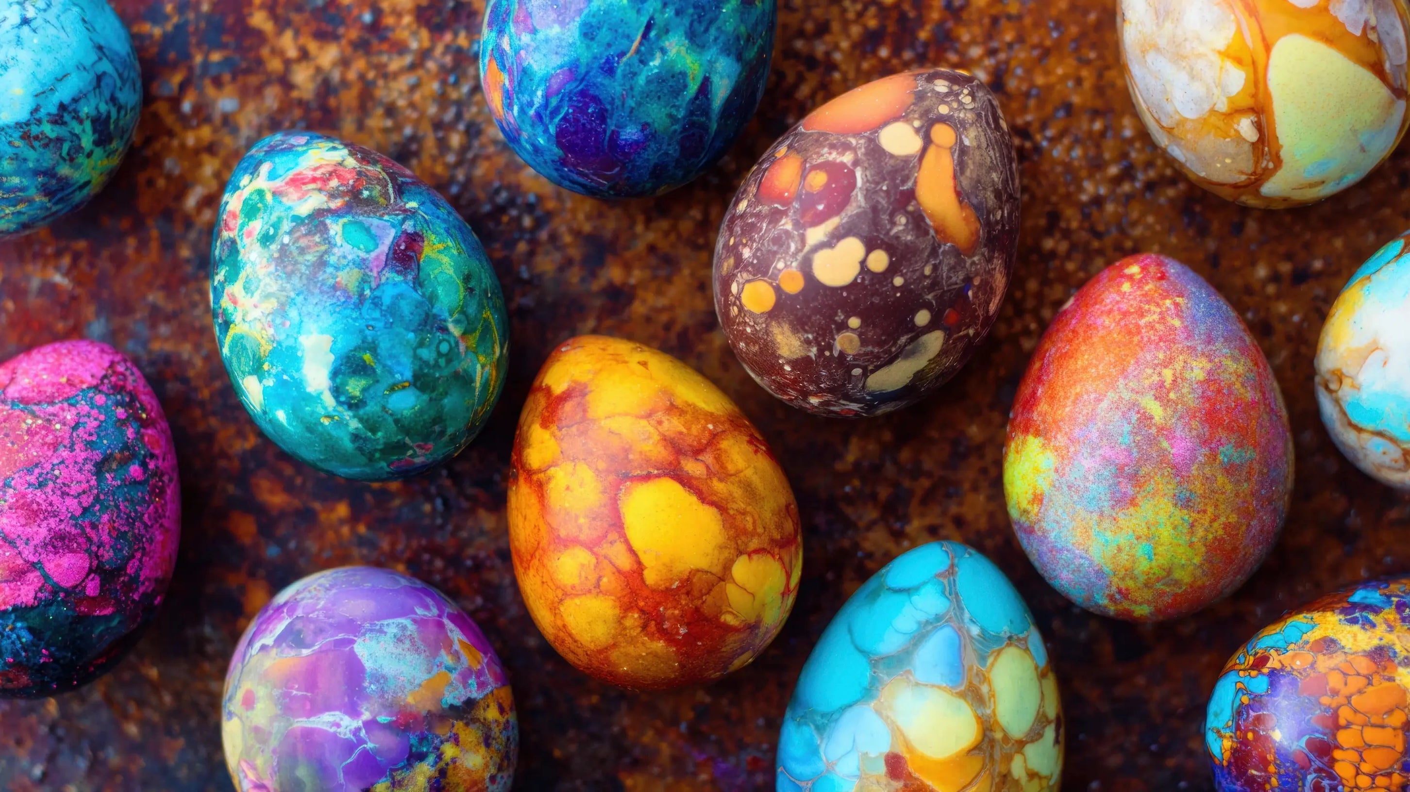 Vibrant, marbled Easter eggs in a variety of bright spring colors — blues, yellows, pinks, oranges, and purples — arranged on a rustic, textured surface.