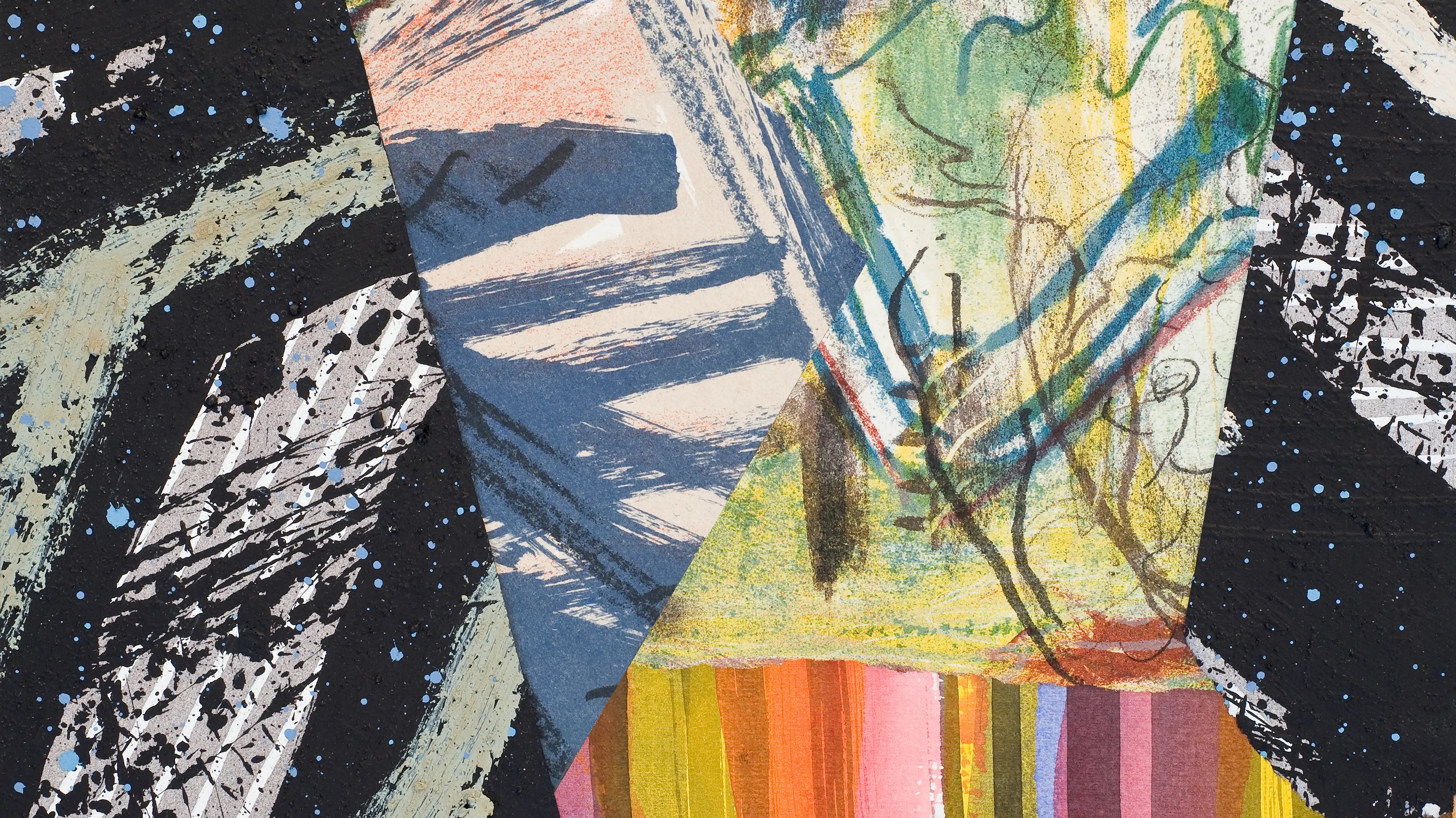 Abstract mixed-media artwork featuring layered brushstrokes, scribbled lines, torn paper textures, and bold contrasts of light and dark value, with splashes of black, cream, blue, green, and warm sunset colors.