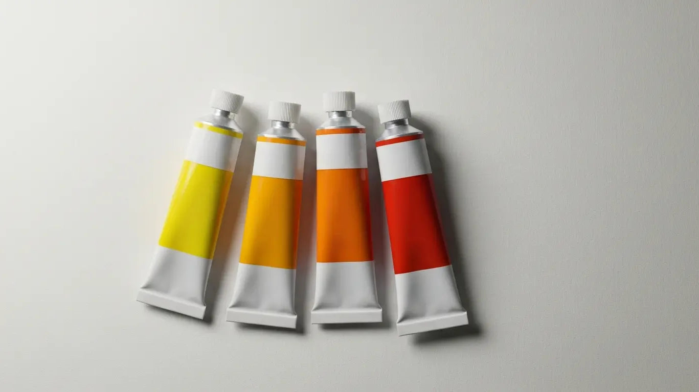 Four tubes of paint in analogous warm colors — yellow, yellow-orange, orange, and red — arranged in a row on a light textured background.