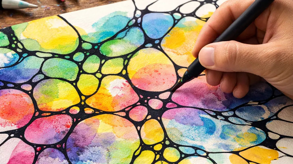 Hand drawing flowing black neurographic lines over a colorful watercolor background made of overlapping rounded shapes, with art pencils, brushes, and paints on a wooden table nearby.