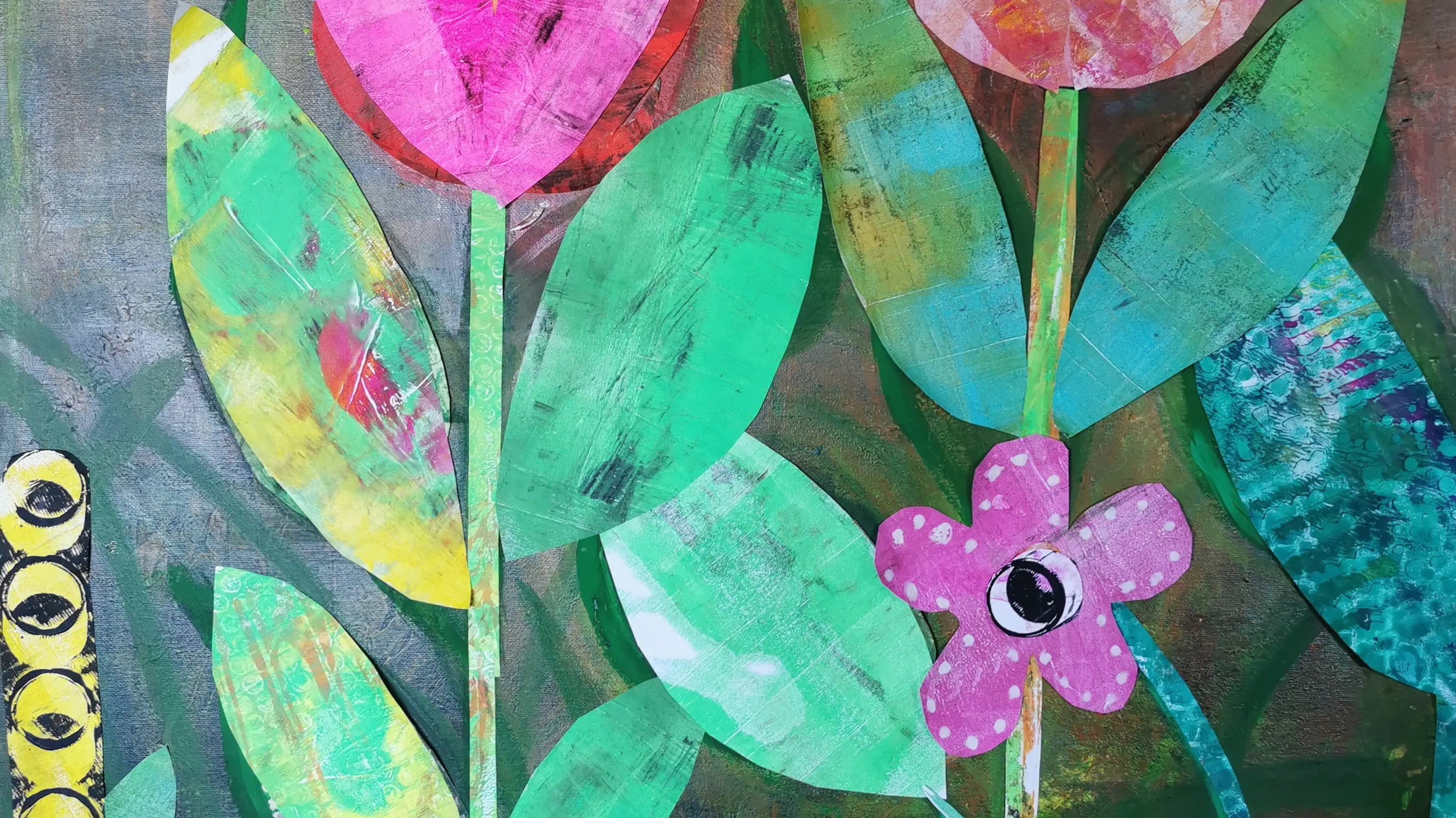 A colorful mixed-media collage of stylized flowers made from painted and patterned paper, featuring bright pink and red petals with layered green leaves against a textured background.