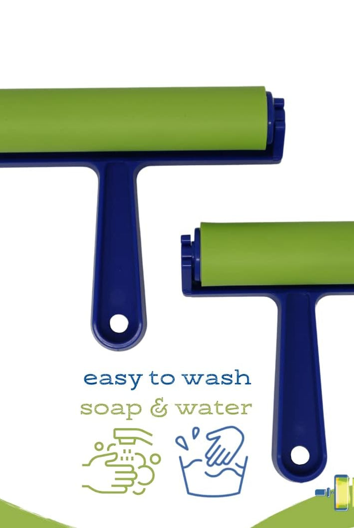 4-inch brayer roller in blue and green, easy to wash with soap and water