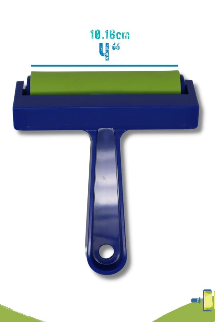 Durable 4-inch brayer roller with a blue handle and green rubber roller