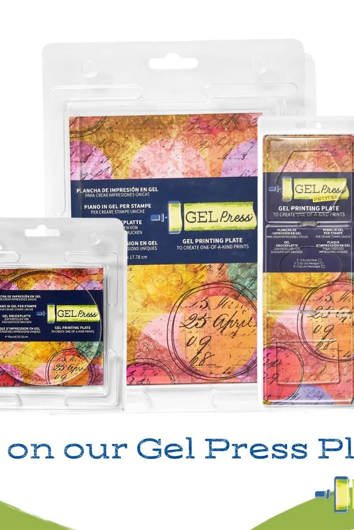 A picture of a variety of gel press gel plates that the brayer can be used with