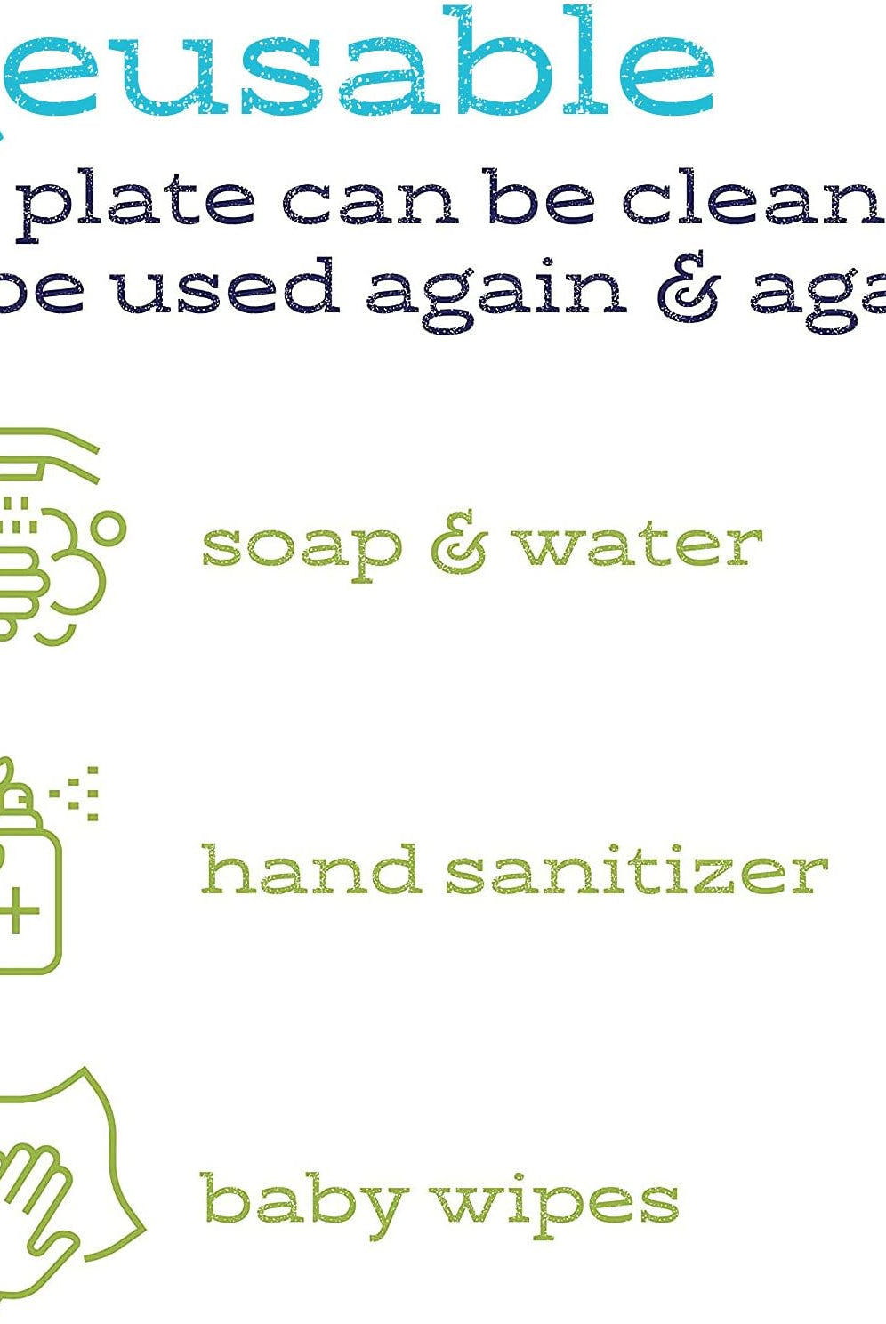 infographic saying that the gel plate can be cleaned with soap & water, hand sanitizer, or baby wipes
