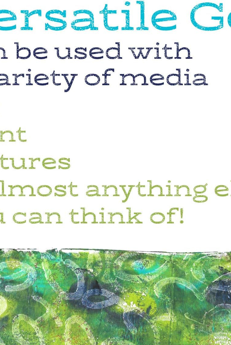 infographic that highlights how the gelli plate can be used with a variety of media: ink, paint, textures, and more