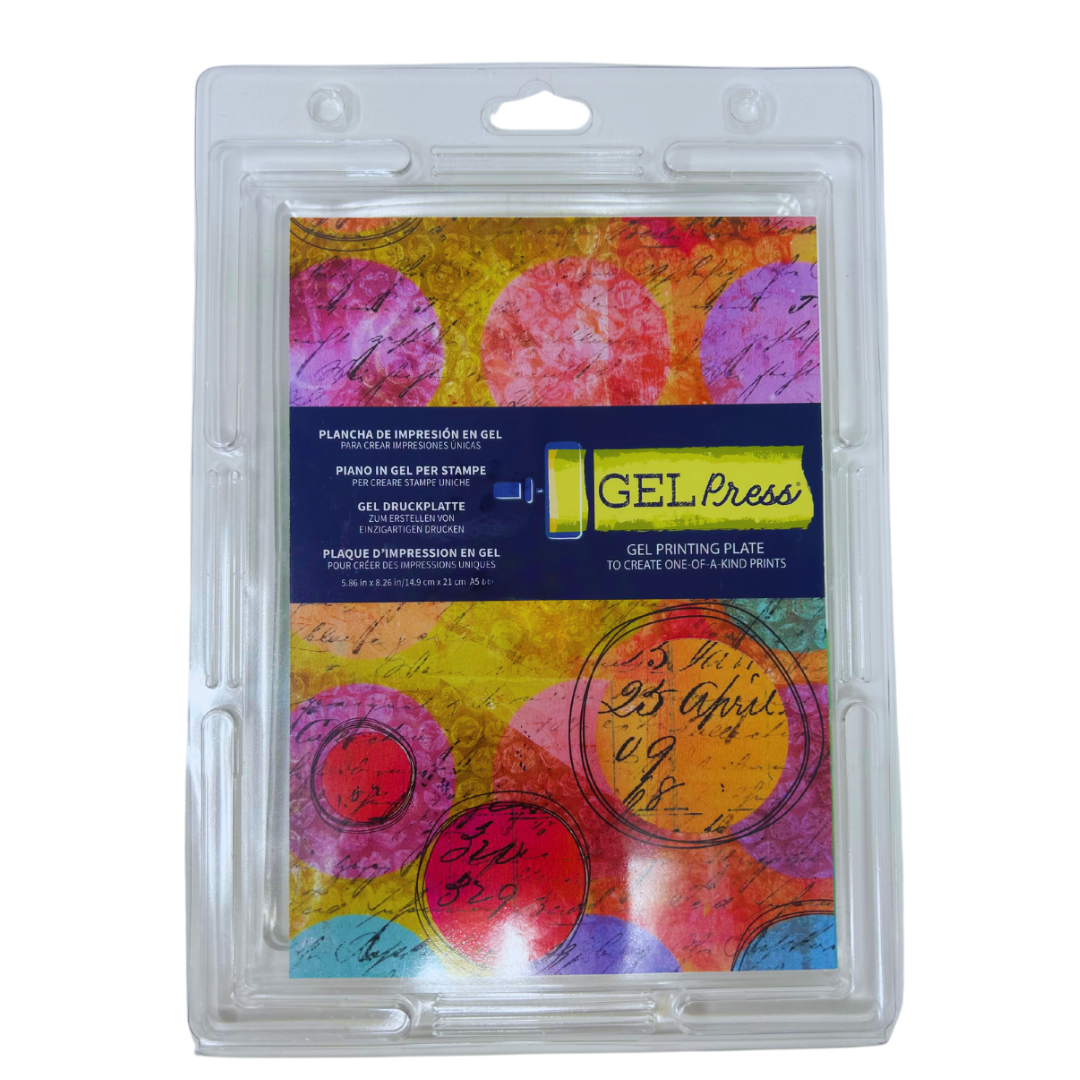 A5 Gel Printing Plate packaged in clear plastic, with colorful abstract patterns visible through the packaging.