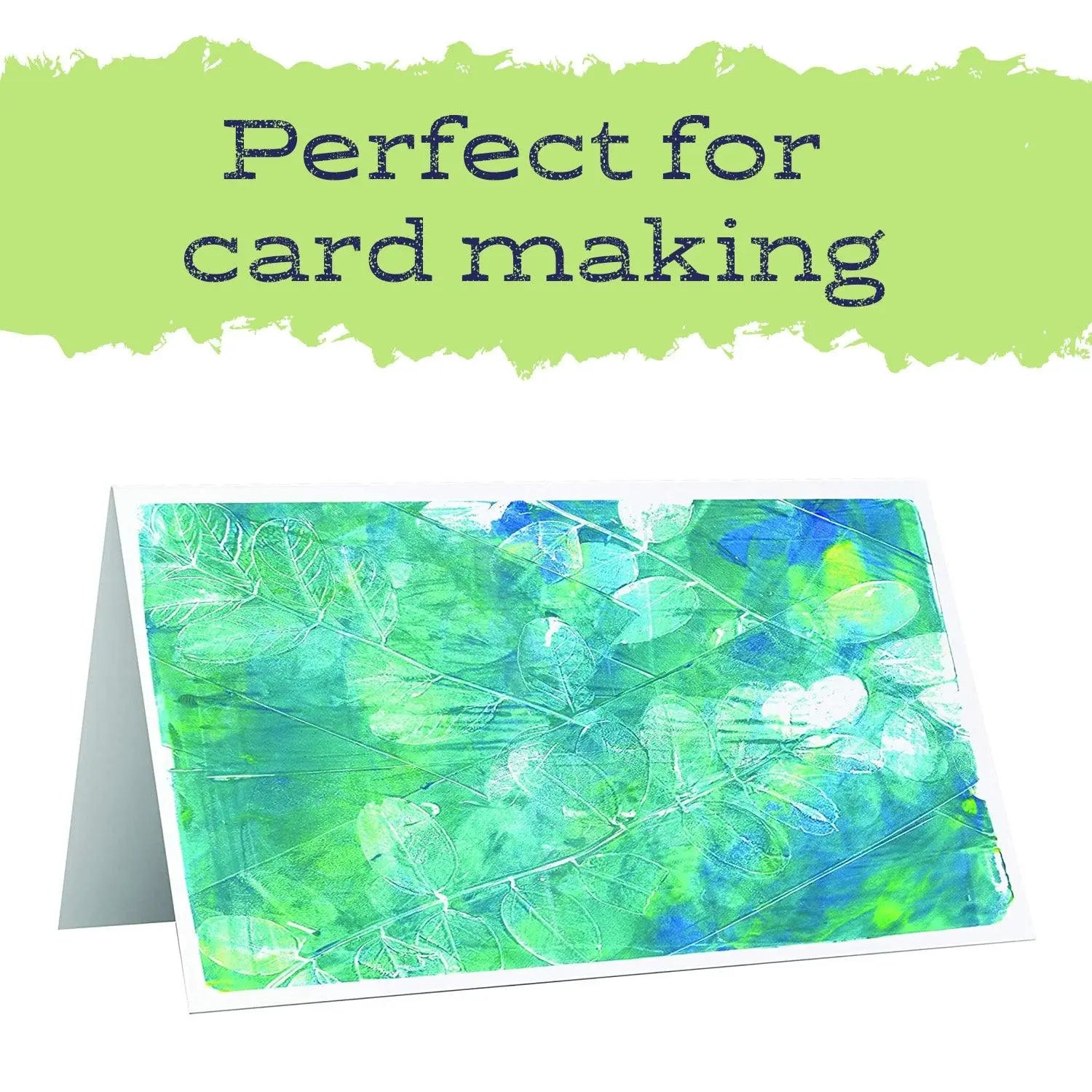horizontal card with an abstract leaf print design in blue and green with text that says "perfect for card making"