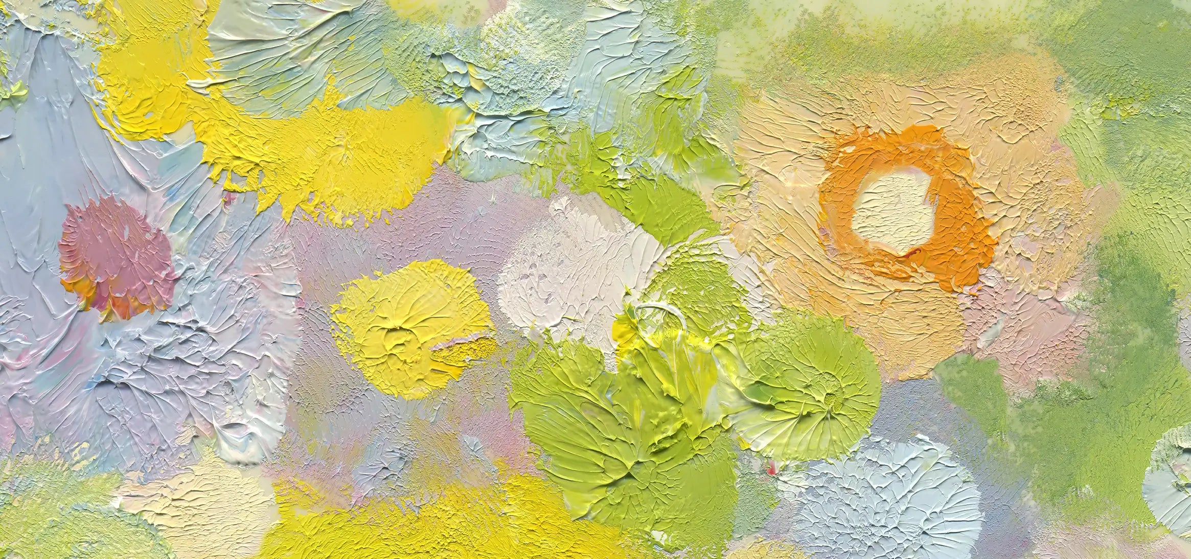 Soft, textured abstract painting in pastel spring colors, featuring thick brushstrokes and circular dabs of yellow, green, peach, lavender, and pale blue across the canvas.