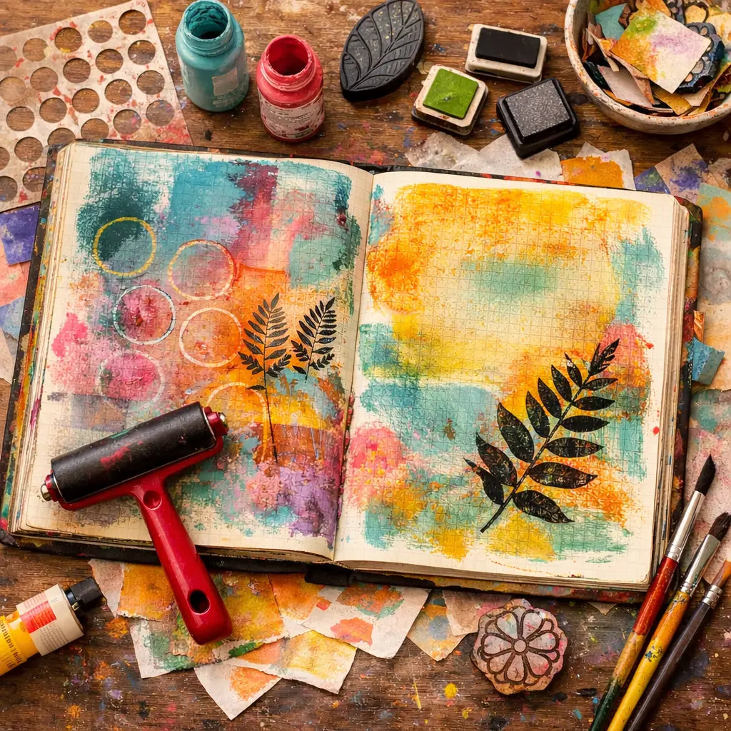 Open art journal filled with colorful gel plate monoprints—circles and black fern silhouettes—surrounded by paint jars, brayer, brushes, stamps, and collage papers on a messy wooden table.