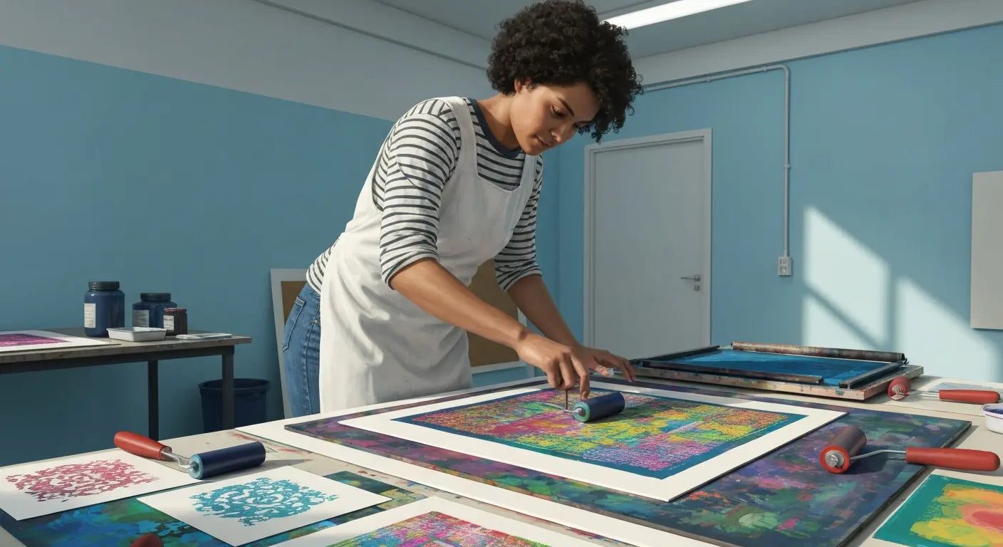 Artist in a bright blue studio using a brayer to roll ink onto a colorful monoprint, with several vibrant prints, rollers, and ink jars spread across the worktable.