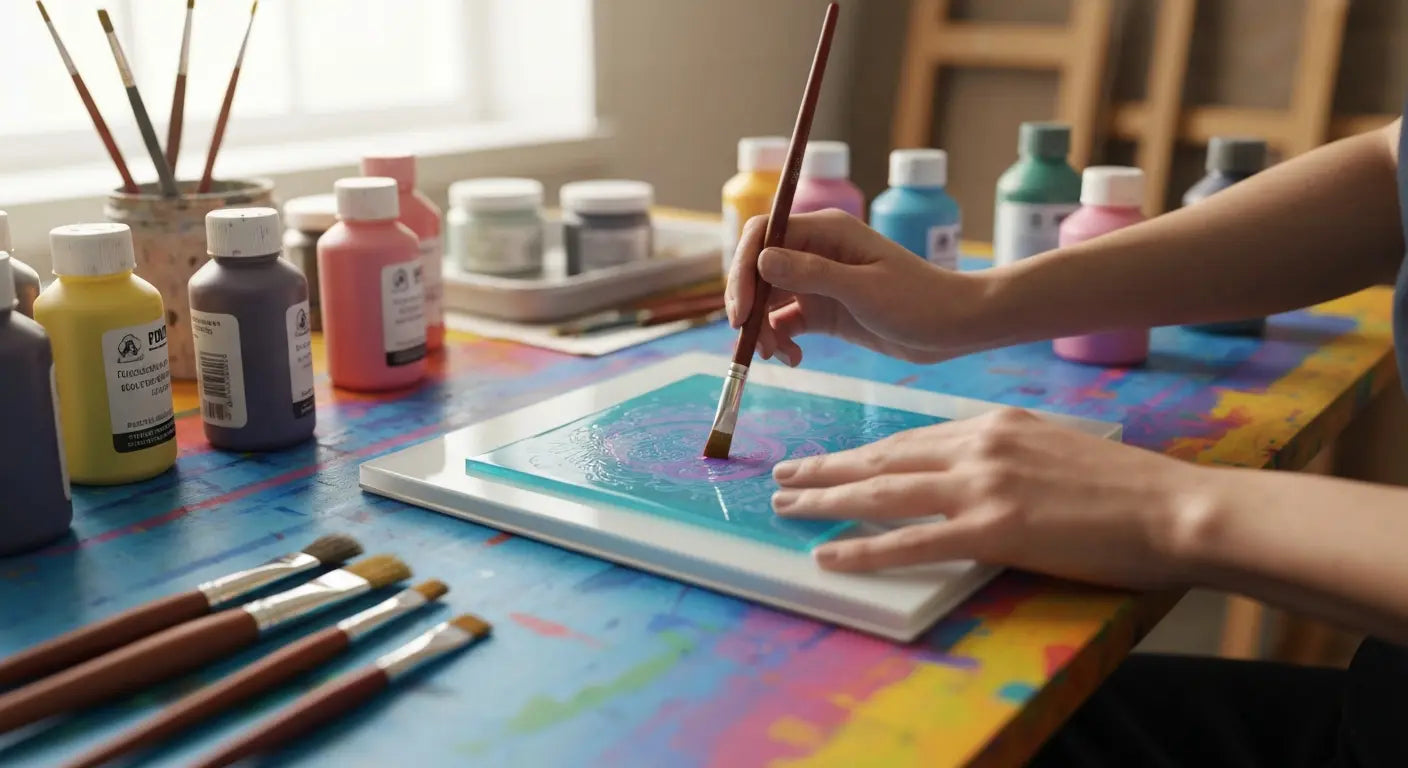 A person painting a design onto a turquoise gel printing plate with a paintbrush on a colorful art table, surrounded by bottles of acrylic paint and brushes.
