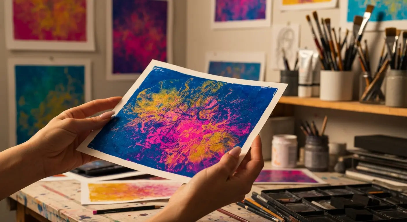 Hands holding a colorful gel plate monoprint with bright blue, pink, and yellow abstract textures in an art studio, with paintbrushes, inks, and additional prints displayed in the background.