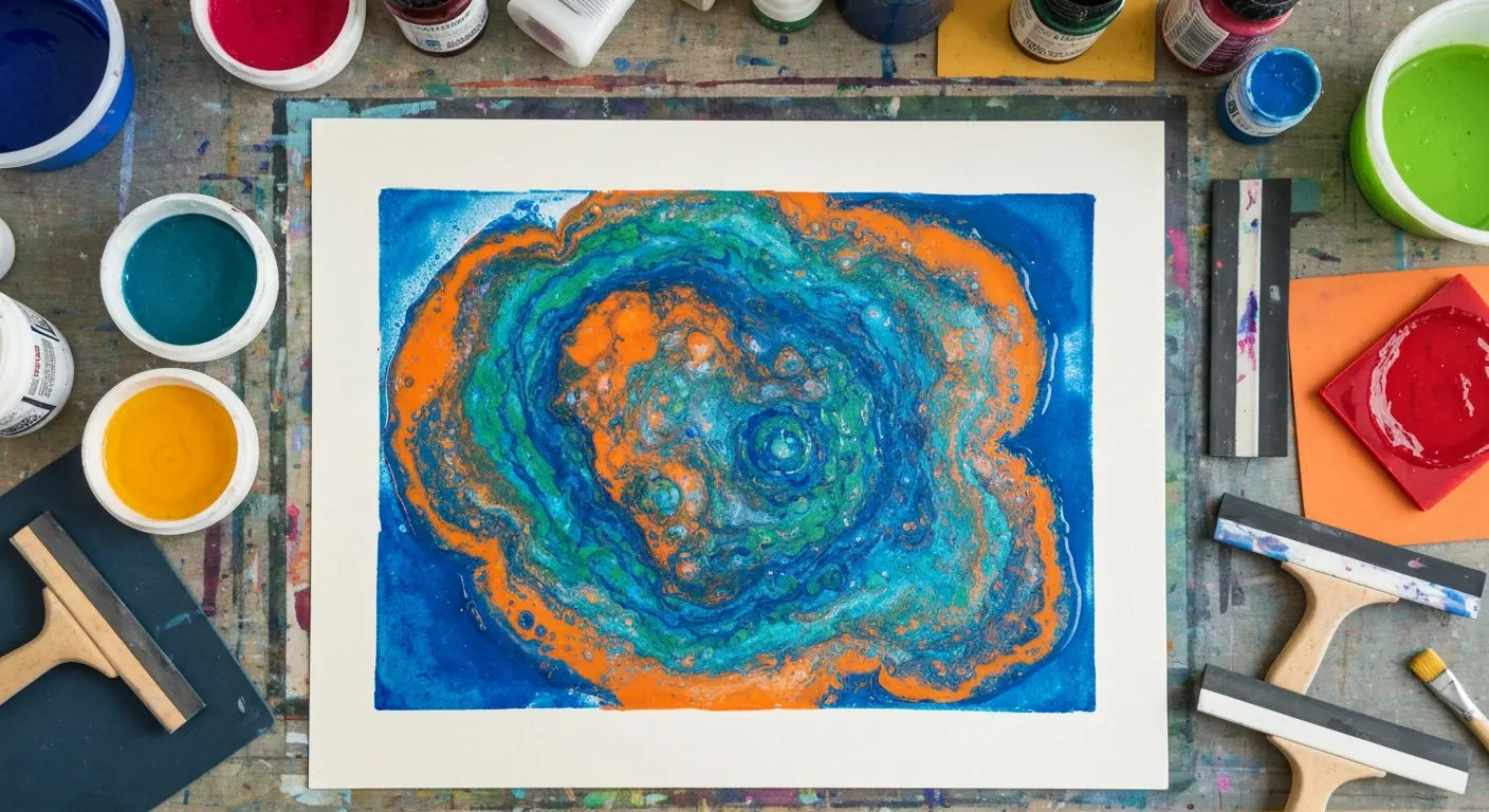 A colorful abstract gel print with swirling blue, teal, and orange layers sits centered on a worktable, surrounded by paint jars, brayers, squeegees, and art tools used for printmaking.