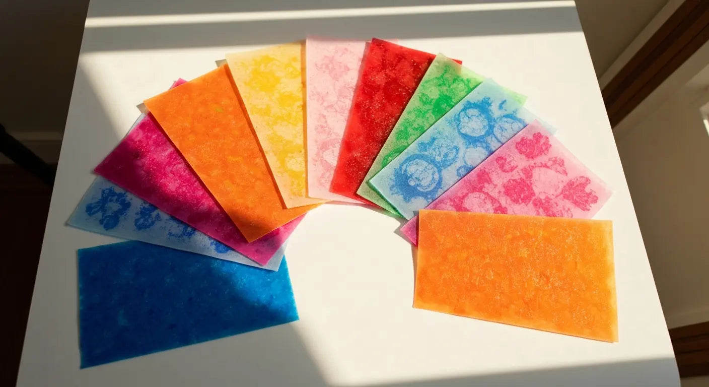 Colorful jelly printing papers arranged in a fan shape on a white surface, featuring bright blues, pinks, oranges, greens, and yellows with textured and patterned designs.