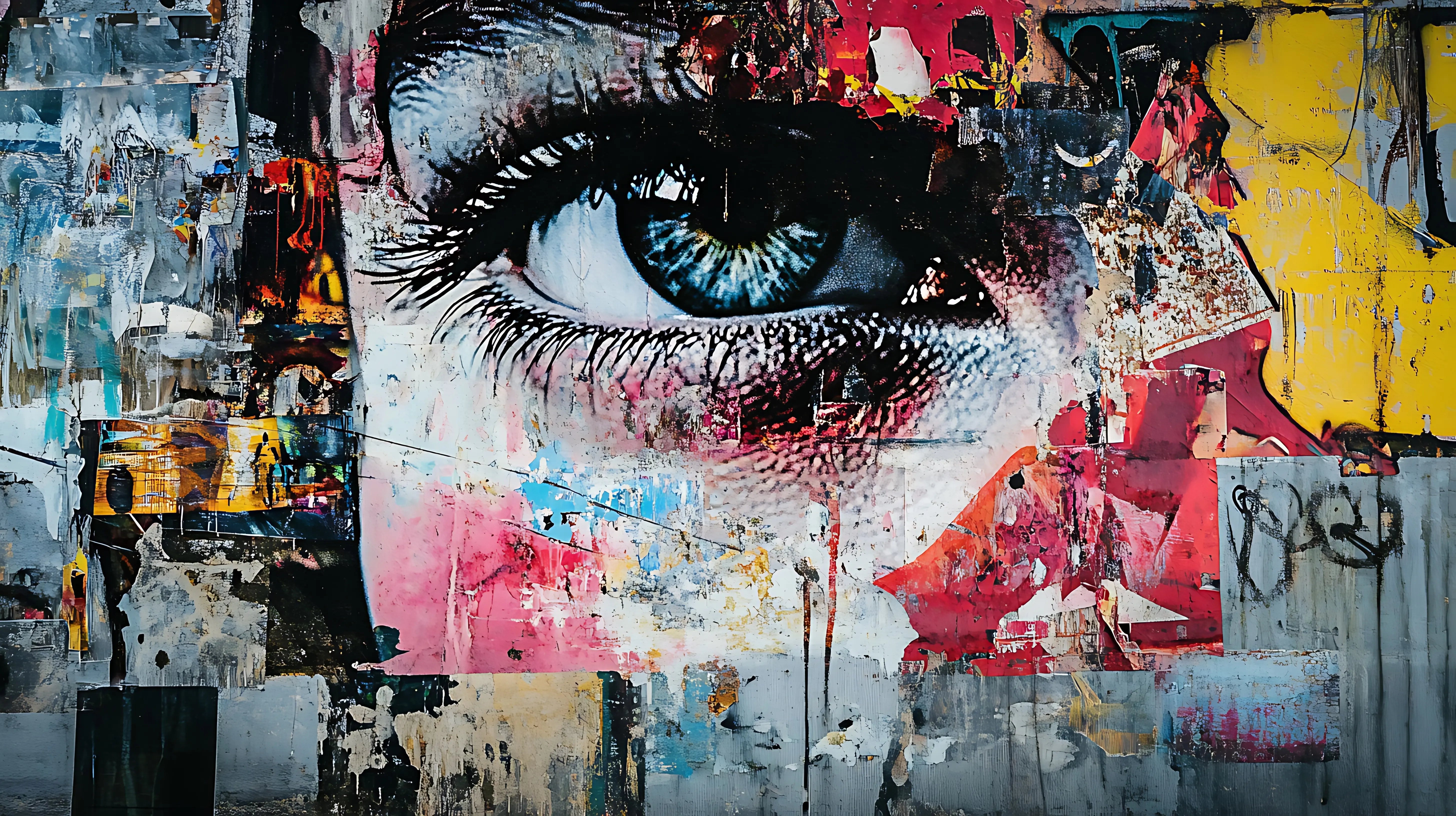 Close-up of a blue human eye integrated into a vibrant mixed media collage artwork with layered paint, torn paper textures, and abstract colors in pink, yellow, blue, and gray, representing creative expression and modern street art style.