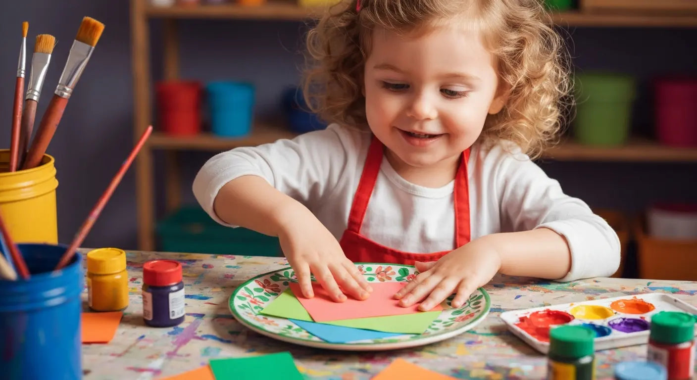 Smiling young child wearing a red art apron creating a craft project at a colorful table, pressing bright paper shapes onto a plate surrounded by paint, brushes, and art supplies.