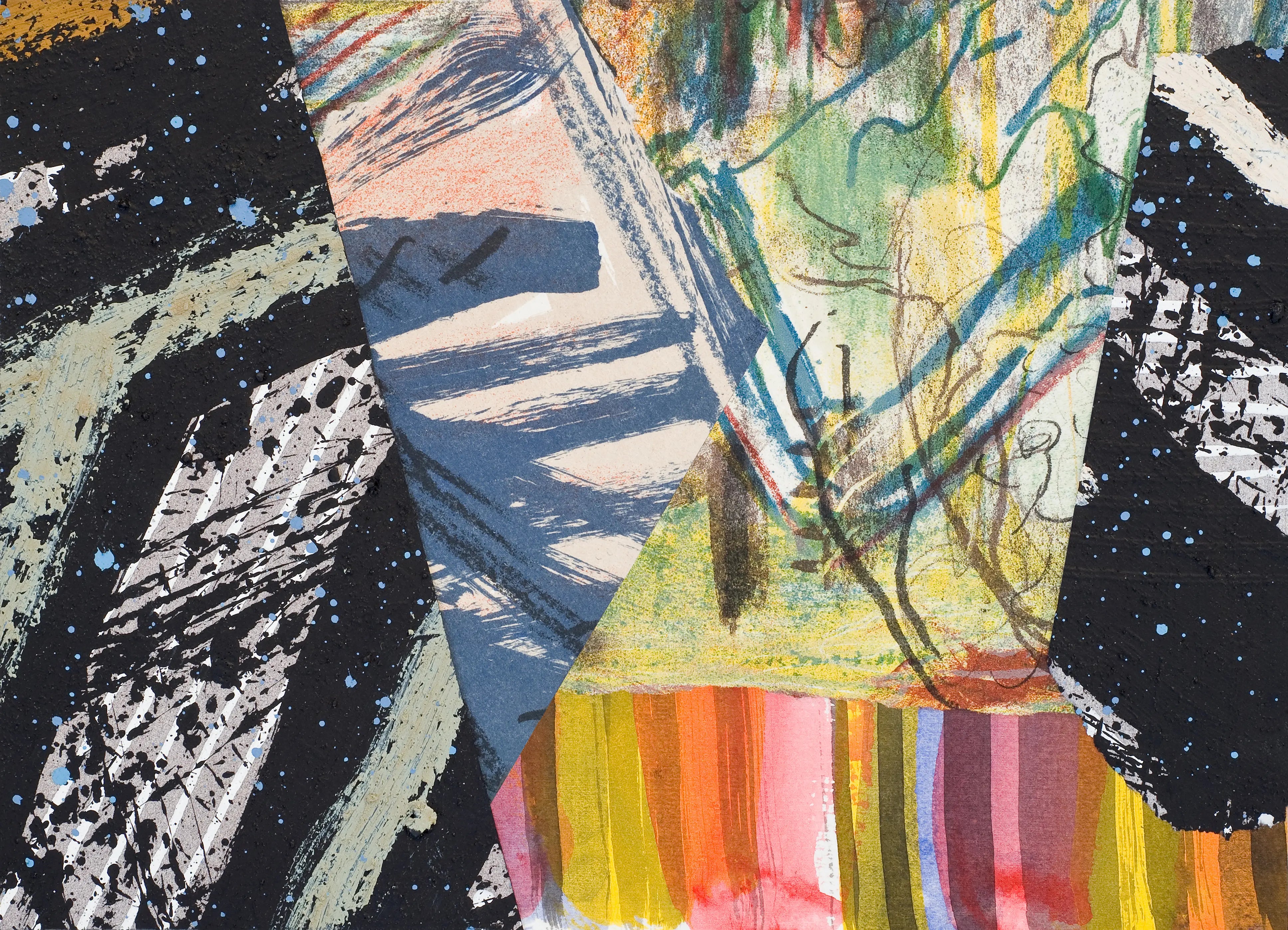 Abstract mixed-media artwork featuring layered brushstrokes, scribbled lines, torn paper textures, and bold contrasts of light and dark value, with splashes of black, cream, blue, green, and warm sunset colors.