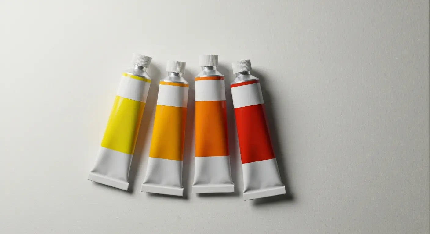 Four tubes of paint in analogous warm colors — yellow, yellow-orange, orange, and red — arranged in a row on a light textured background.