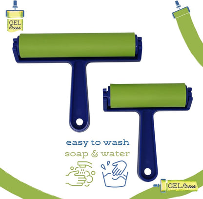 4-inch brayer roller in blue and green, easy to wash with soap and water