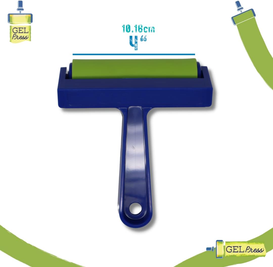 Durable 4-inch brayer roller with a blue handle and green rubber roller