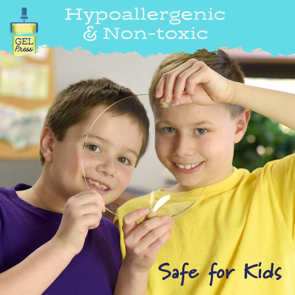 kids holding up a circle gel plate with text that says that the gel plates are safe for kids since they are hypoallergenic and non-toxic