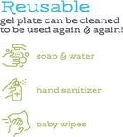 infographic saying that the gel plate can be cleaned with soap & water, hand sanitizer, or baby wipes
