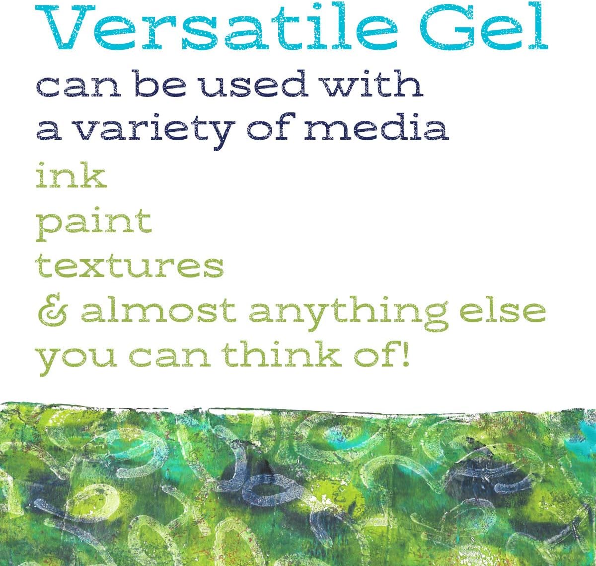 infographic that highlights how the gelli plate can be used with a variety of media: ink, paint, textures, and more