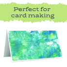 horizontal card with an abstract leaf print design in blue and green with text that says "perfect for card making"